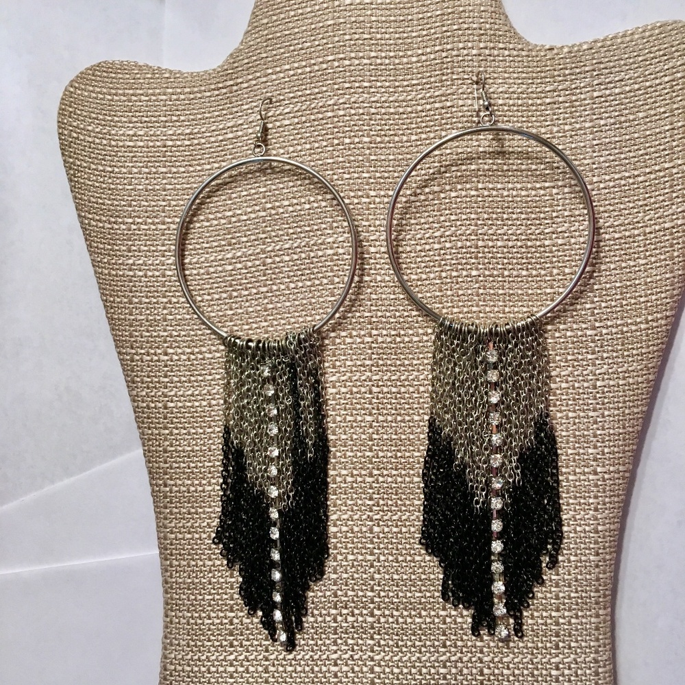 Big silver hoop earrings with chain and rhinestone